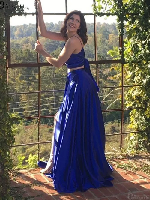 royal blue Королевское синее платье из двух частей для выпускного вечера ТРАПЕЦИЕВИДНОЕ атласное длинное платье для выпускного вечера с высоким разрезом с v-образным вырезом на спине желтое вечернее платье - Цвет: royal blue