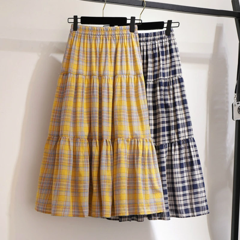 

Summer Plaid Cotton Skirts Boho Patchwork Preppy Style A-line Pleated Mid Calf Long Skirts Navy Yellow Long Plaid Skirts