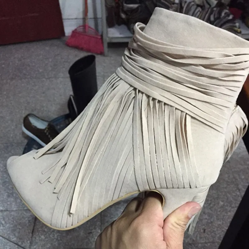 

Fashion Suitable Flock Fringe High Heel Boots Woman Pointed Toe Black European American Rome Thin Heels Dress Office Shoes