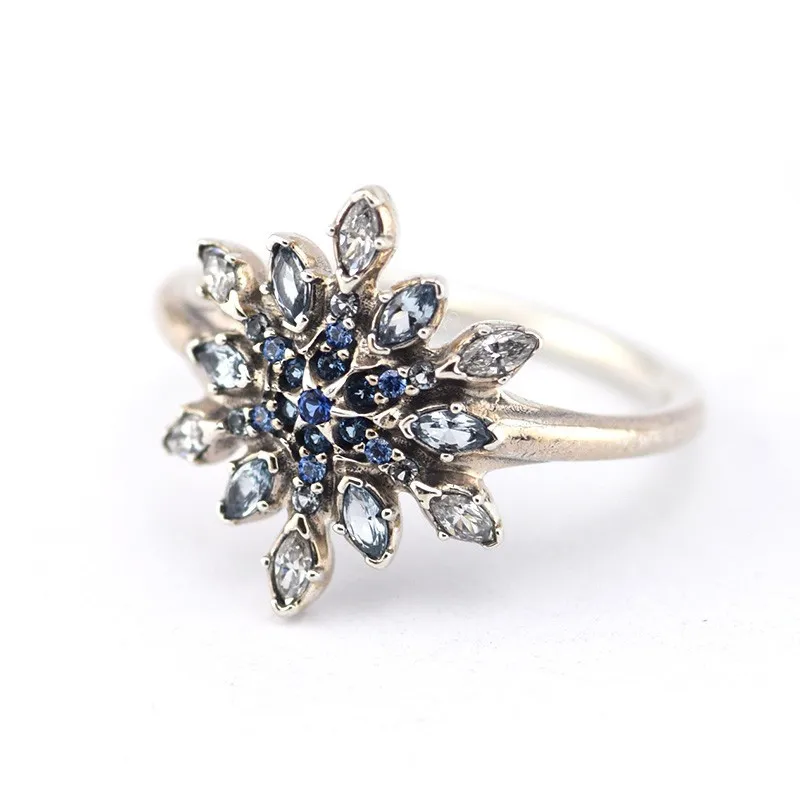 Кольцо из стерлингового серебра 925 пробы кристаллизованное Снежинка синие кристаллы и прозрачные CZ обручальные кольца для женщин ювелирные украшения