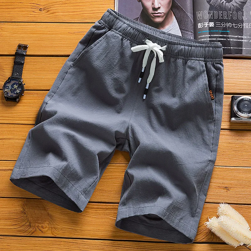 gray Модная летняя Шорты для мужчин однотонной льняной ткани Шорты мужские летние свободные дышащие повседневные шорты пляжные шорты большие размеры 5XL - Цвет: gray