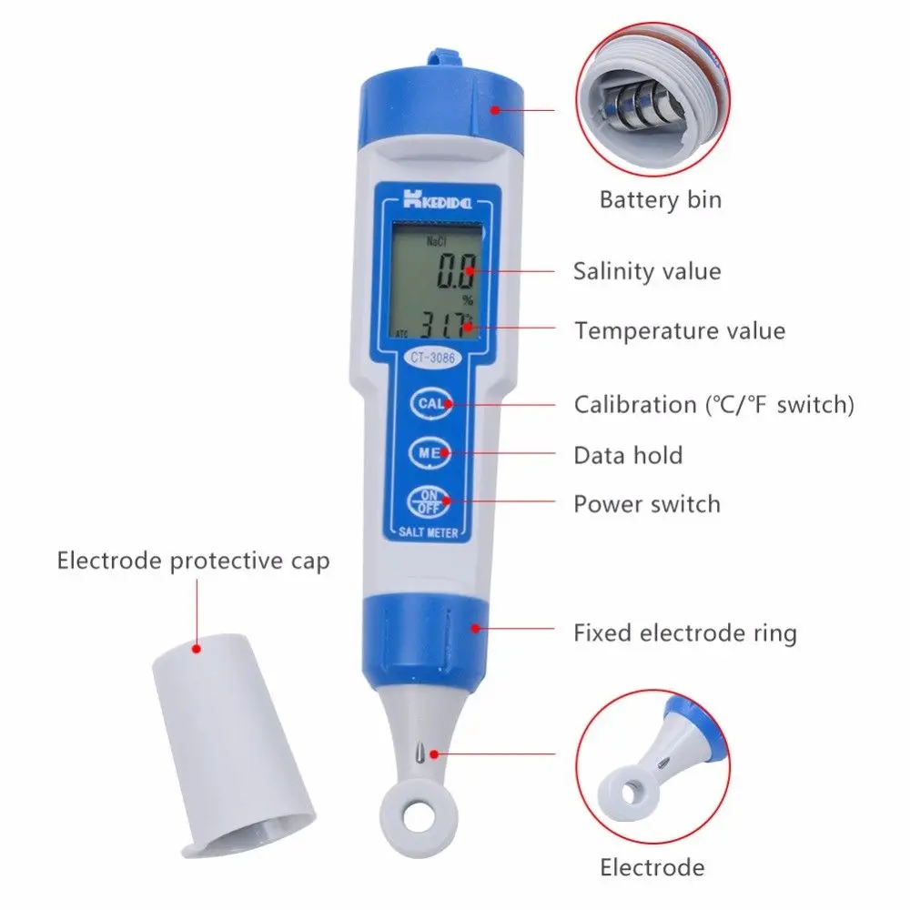 ЖК-цифровой водонепроницаемый ручка Тип измеритель соли тестер 0-5.0%& температура 2в1 CT-3086