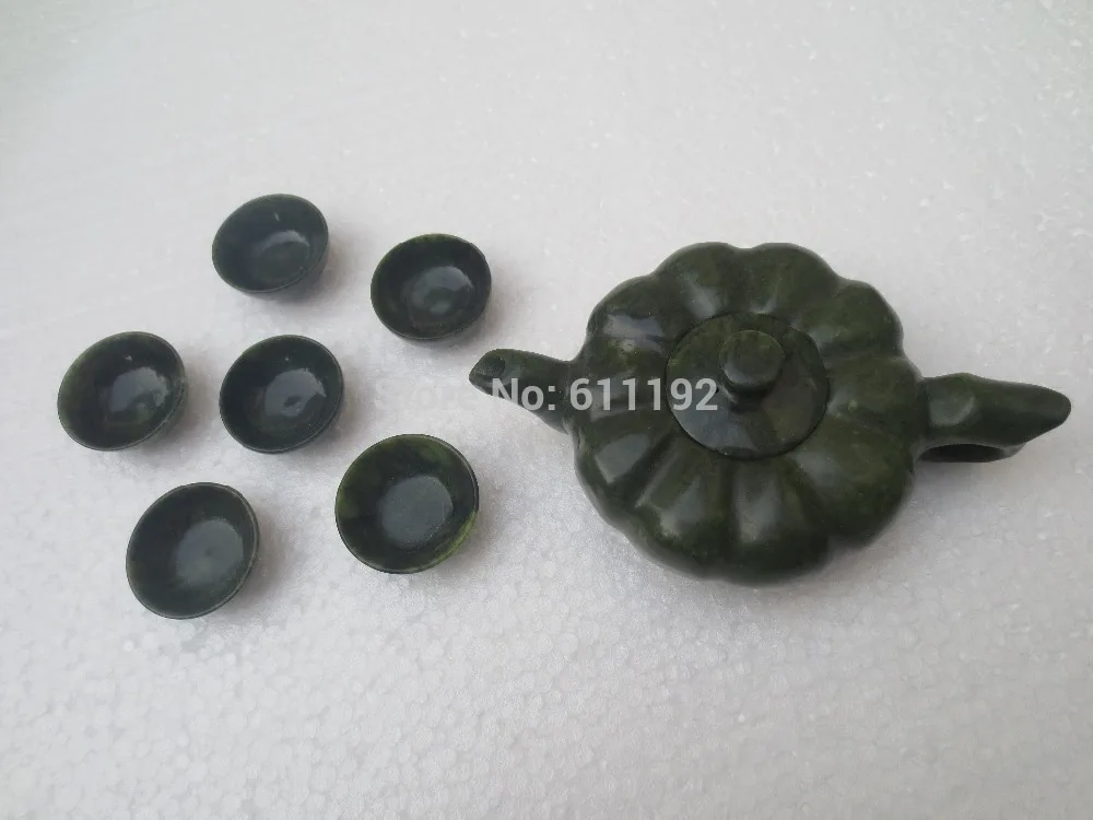 

Collection of decorative Chinese folk handmade green jade teapot set, a flagon and six glasses