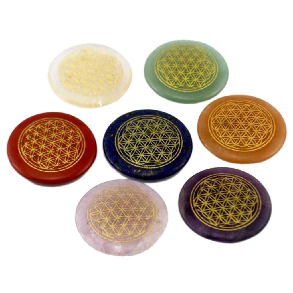 7pcs Natural Crystal Palm Stone Set Polished Engraved Circle Palm Crystal