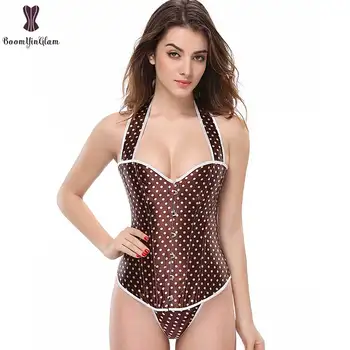 

Halter neck Polka Dot Corset Satin Green Pink Coffee Dot Corselet Overbust Corset Lingerie For Evening Party At Cheapest Price