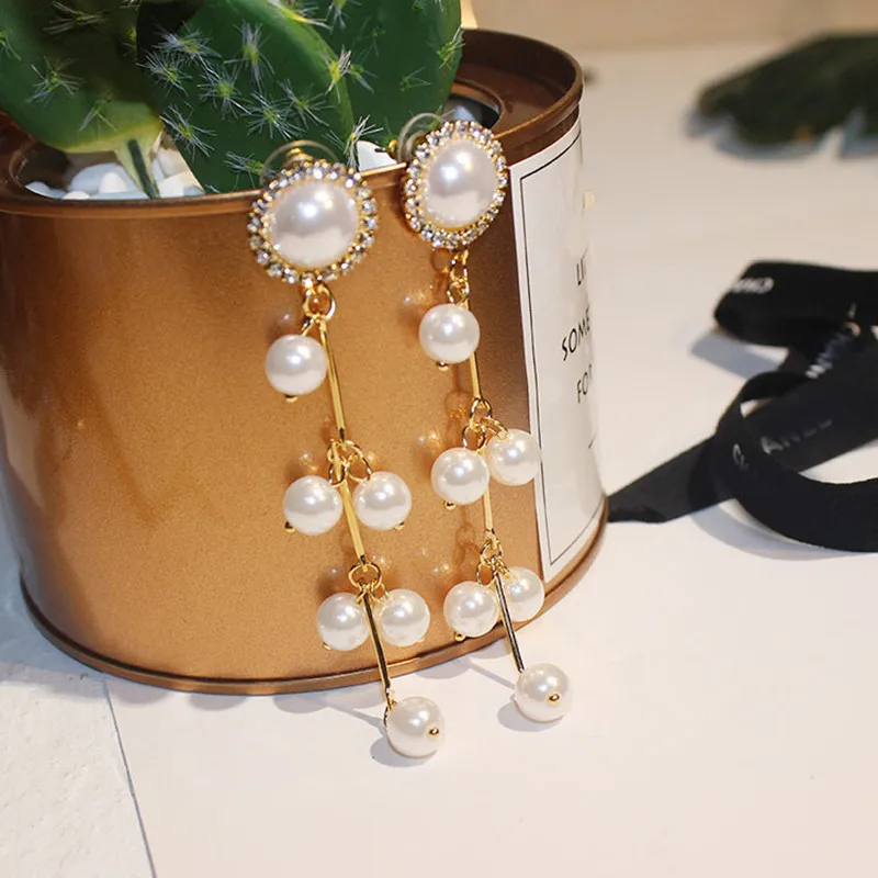 Fashion Women Simulated-pearls Rhinestones Long Drop Earrings Chic Design Party Wedding Jewelry Statement Big | Украшения и