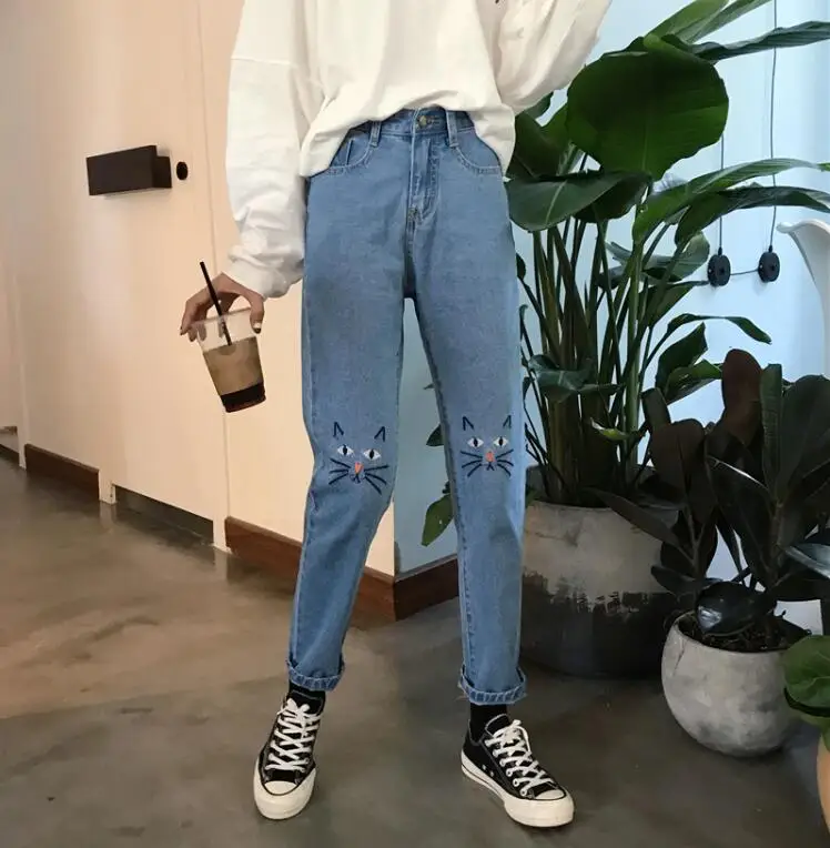 Женские джинсы с вышивкой кошки|embroidery jeans women|embroidery jeansjeans woman |