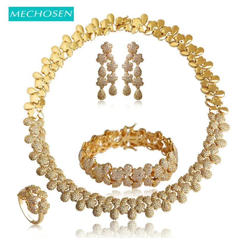 MECHOSEN Luxury Gold Color Flower Necklace Earrings Ring Bracelet Wedding Sets For Women Bridals Choker Brincos Pulseira Schmuck