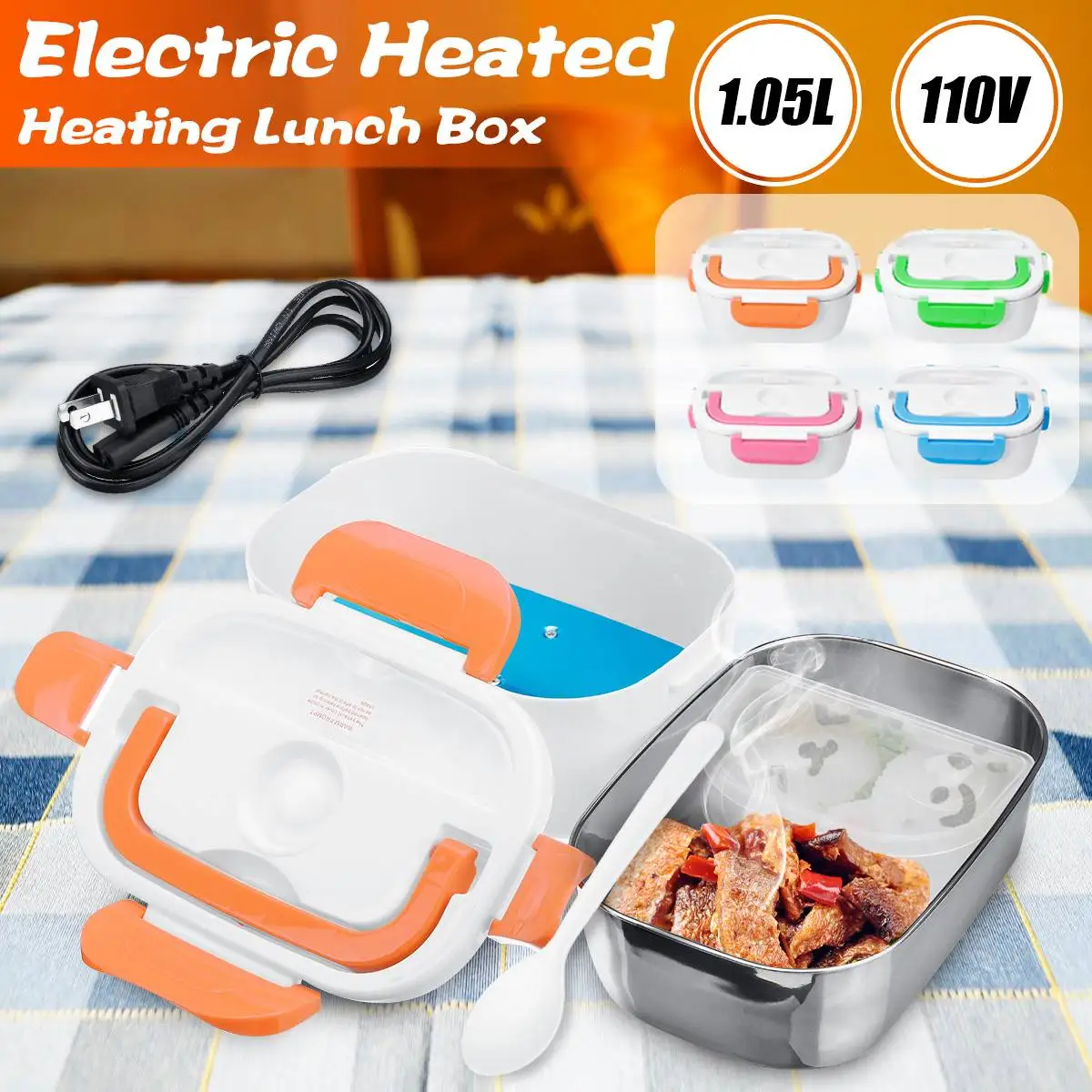 

110V 1.05L Stainless Steel Portable Electric Heated Lunch Box Lunch Bento Box Rice Container Travel Food Warmer Car Home Office