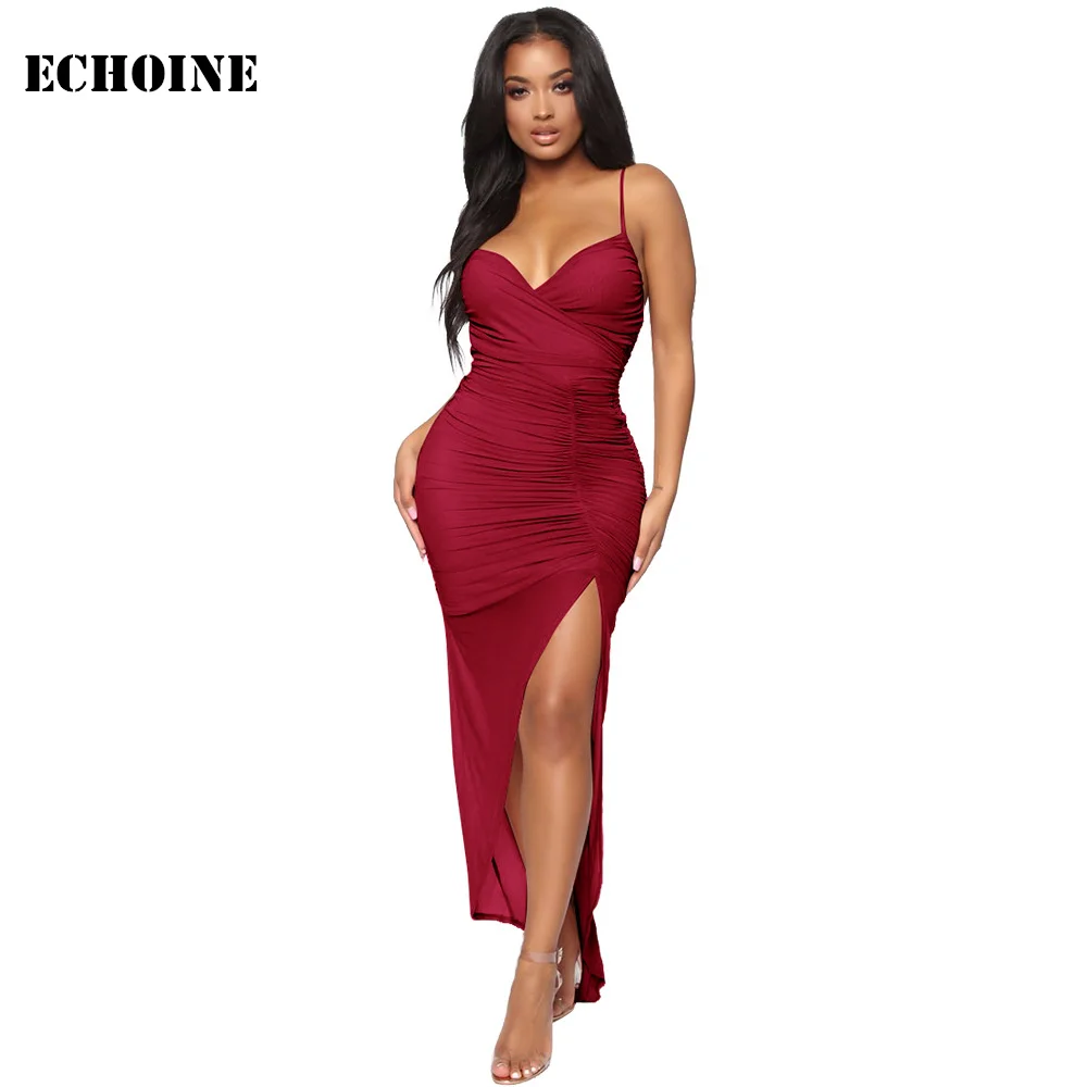 

Summer Evening Party Dress Sexy Spaghetti Strap V-neck Fold Bodycon Irregular Split Maxi Dress Sheer Mesh Patchwork Vestidos