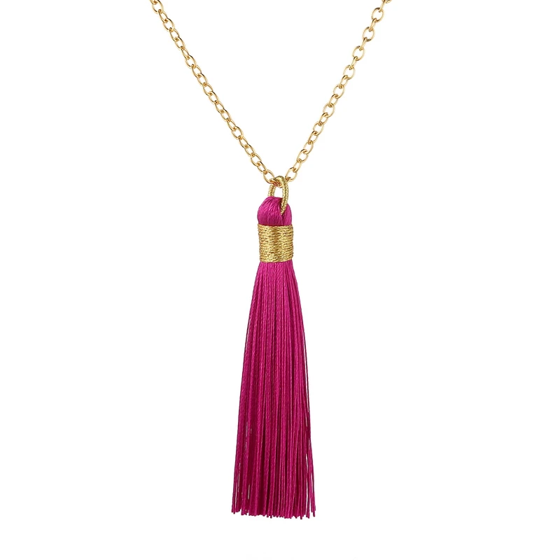 

LOVBEAFAS Ethnic Long Tassel Necklace Women Golden Rope Wrap Silk Fabric Bohemian Simple Vintage Statement Fringe Necklace