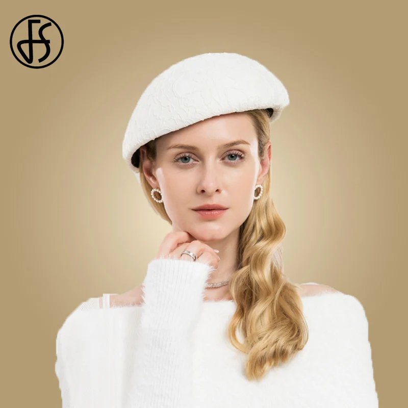 

FS Fascinator White Black Hats Women Elegant Derby Pillbox Ladies Wool Felt Hat For Wedding Lace Cocktail Formal Beret Fedoras