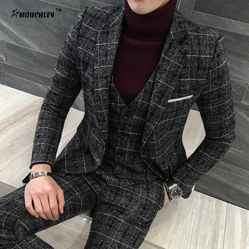 Pánské Oblek Nejnovější Coat Pant vzory Kostkované Suit Plus Velikost M-5XL Slim Fit Svatební Prom Obleky 3 ks (Bunda + Vest + Kalhoty) 2018  t