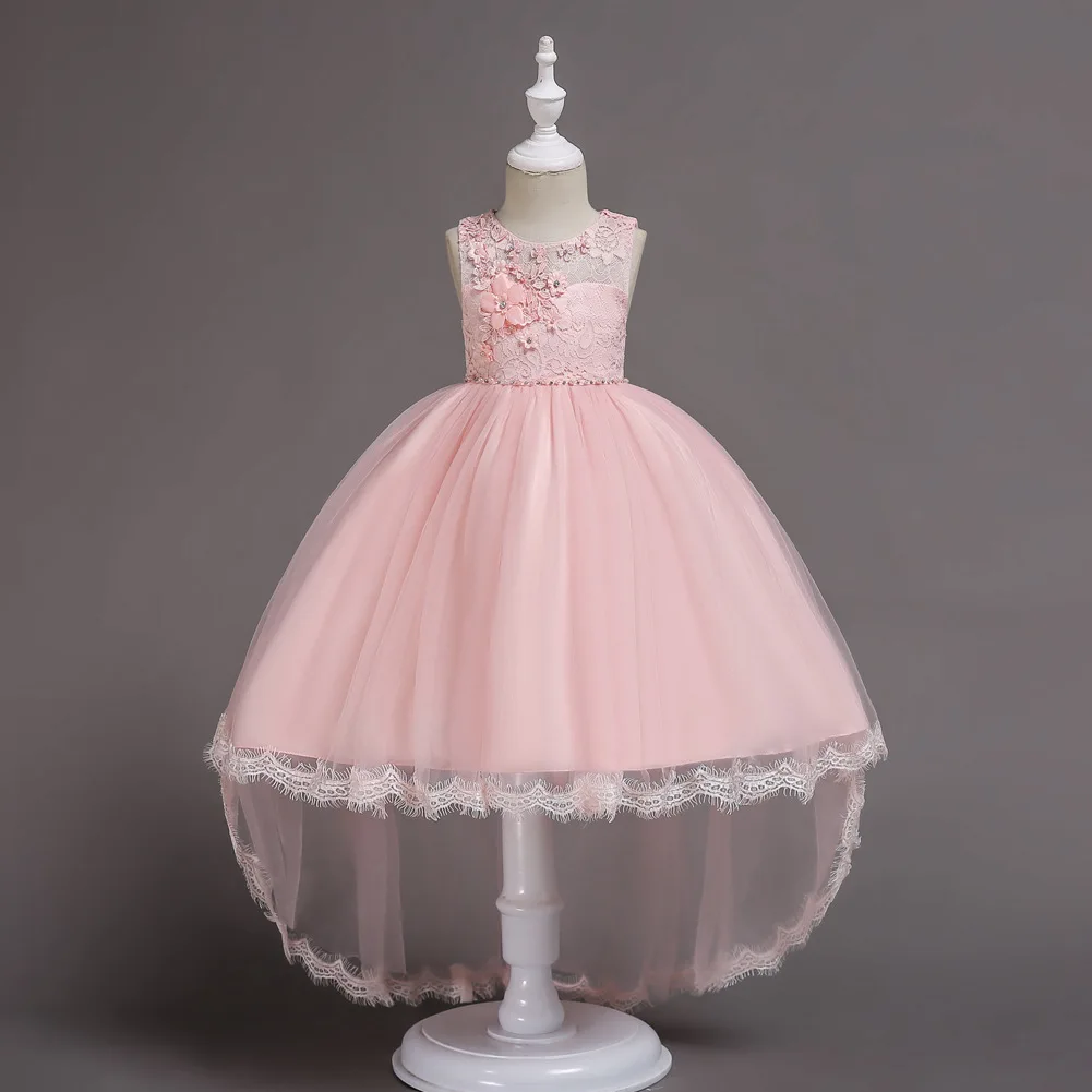 

Pink Yellow Mint Green Sleeveless Hi-Lo 3D Flower Embroidery Pageant Party Wedding Flower Girl Gown Kids Girls Dress Party