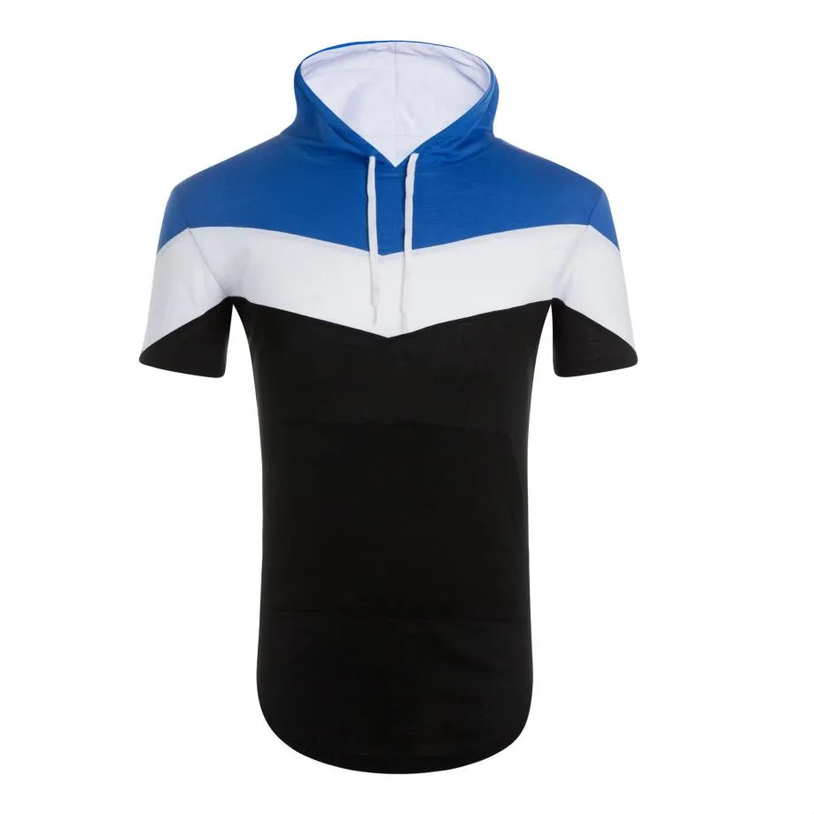 2019 summer new European and American fashion tri-color stitching men's T-shirt hoodie sports brand clothing men's hooded shirt