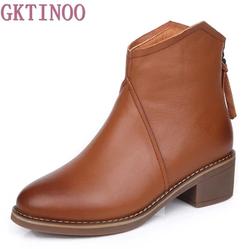 

GKTINOO Women Ankle Boots Shoes Genuine Leather Vintage Zip Ladies Boots High Heel Female Snow Boot Warm Plush Winter