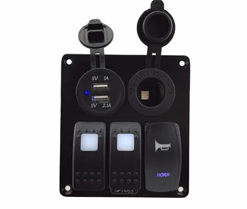 

Iztoss 3 gang rocker switch and horn switch panel with power socket 3.1A dual USB wiring kits and Decal Sticker Labels DC12V/24V