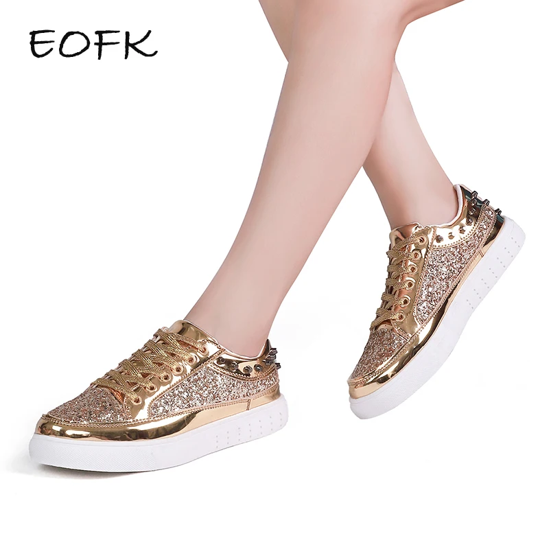 EOFK Autumn Women Sneakers Flats Rose Gold Silver Rivet Sequins Shiny Designer Casual Shoes Women's Golden Bling Shoes Woman