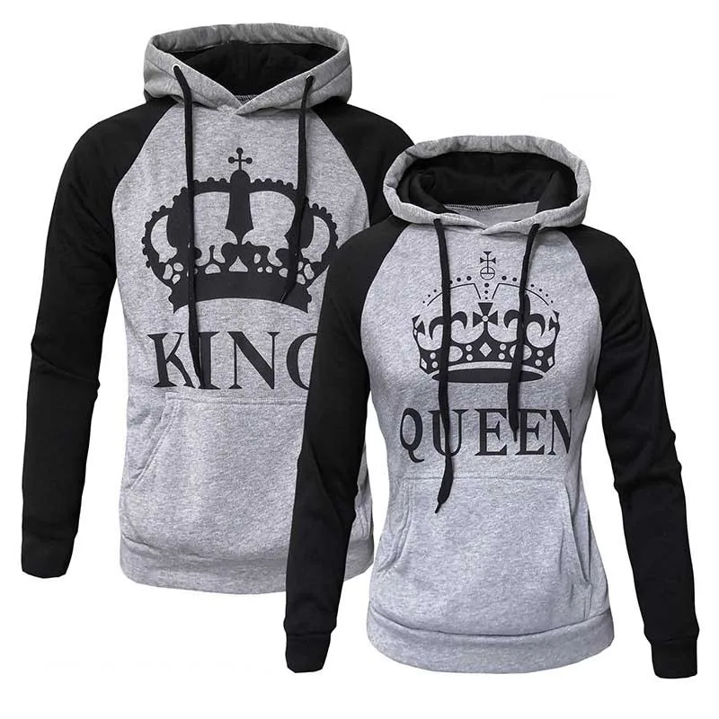 

2019 KING Queen Crown Print Hoodies Sweatshirt Unisex Men Women Autumn Slim Sweatshirt Couple Lovers Winter Patchwork Pullovers