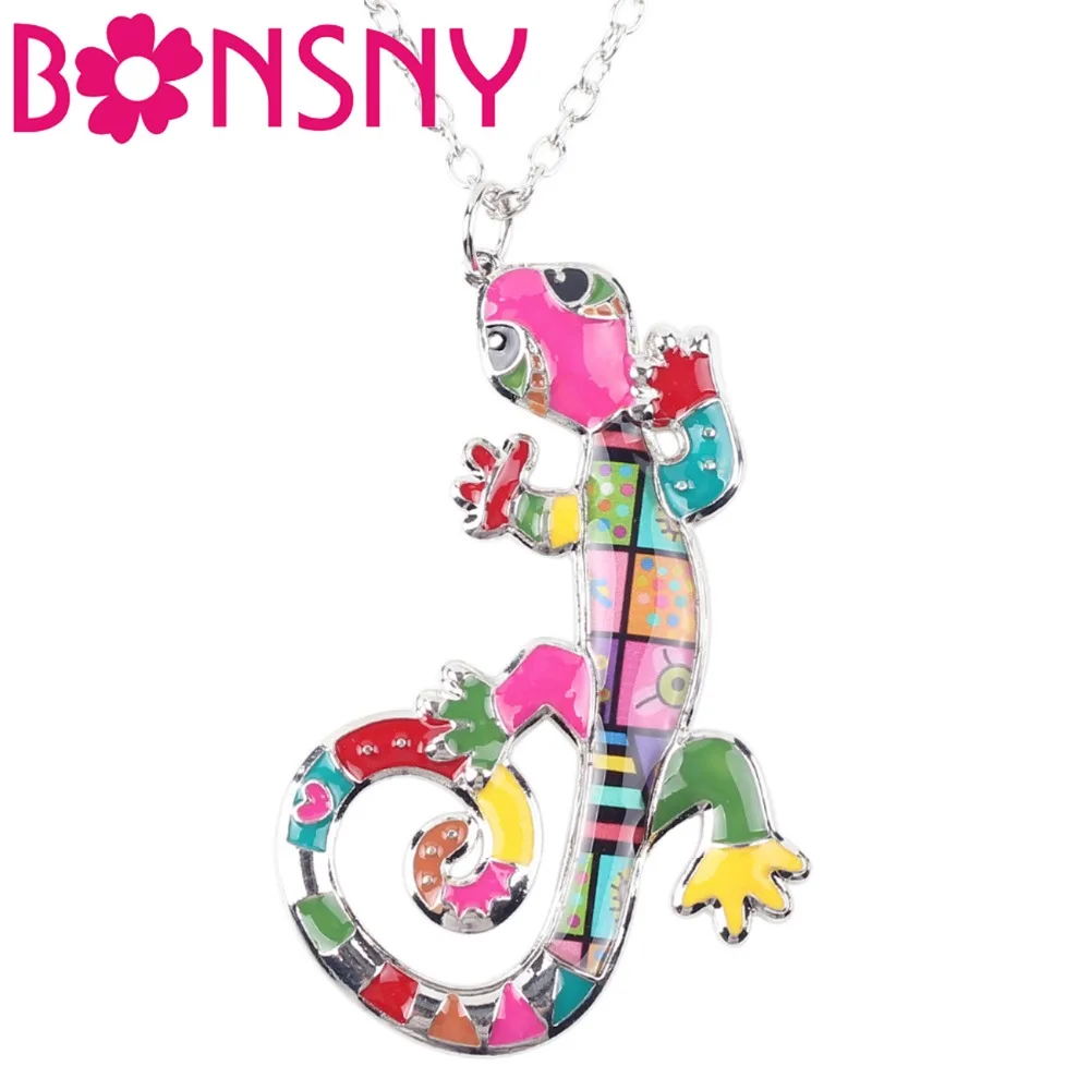 Bonsny Enamel Alloy Gecko lizard Necklace Pendant Chain Collar Novelty Animal Jewelry For Women Girls Gift Party Accessories New | Украшения