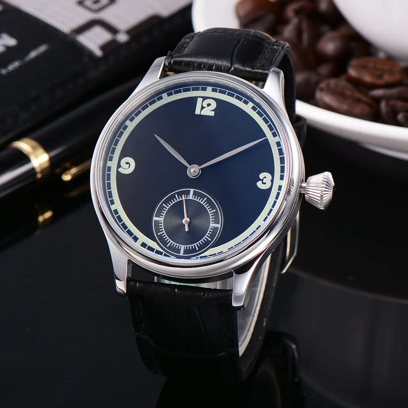 

44mm Sterile Mens Hand Winding Watch Black Lume Dial Luxury Brand Mechanical Watches 6498 Movement Mens Wristwatches WCM2002ASG