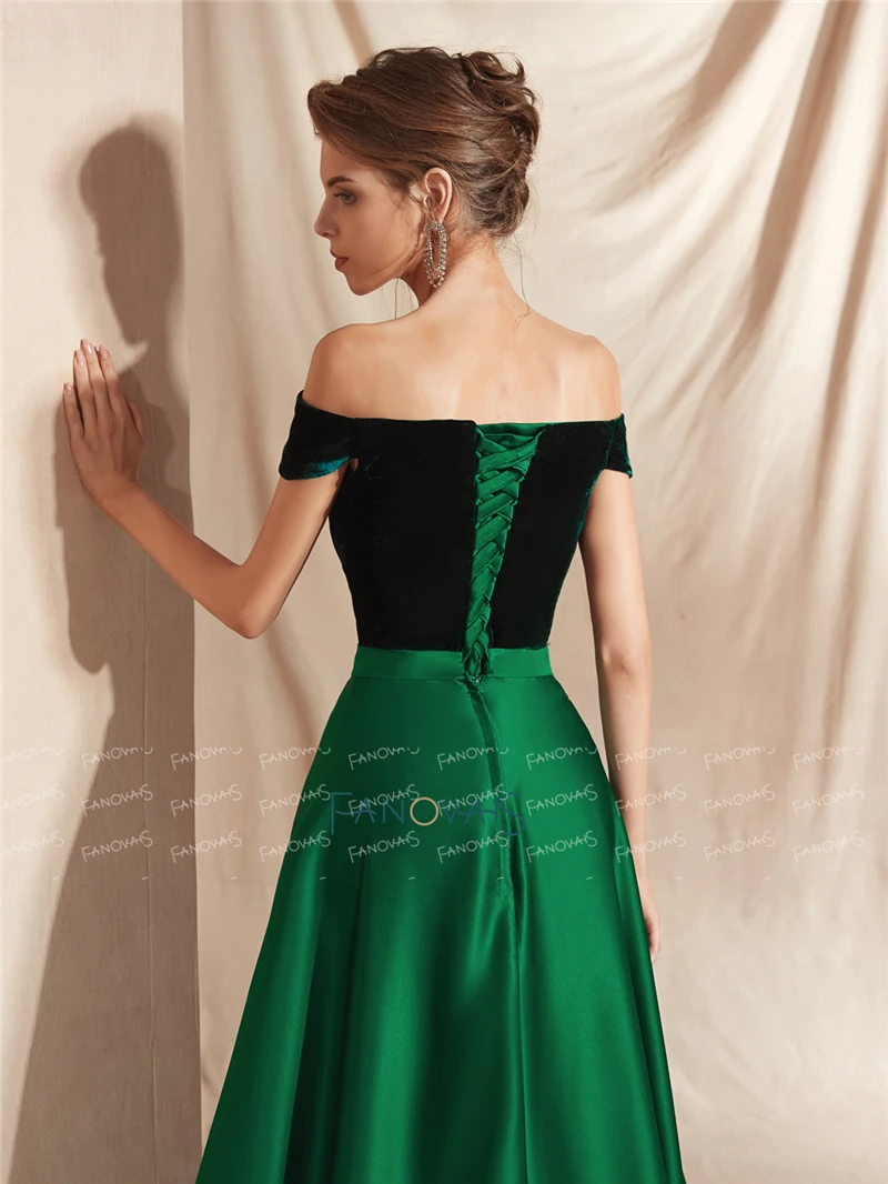Elegant Dark Green Off-The-Shoulder A-Line Velvet Top Satin Long Evening Prom Dresses image 5