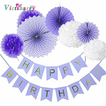 

DIY Purple Birthday Banner Flower Paper Fan Set Tissue Hanging First Birthday Party Decoration Set Event Supplies