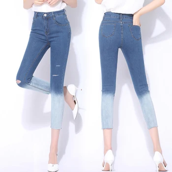 

2019 New Famous Design Hole Cotton Bleached Ankle-Length Pants Panelled Women Jeans Elastic Skinny High Waist Jeans