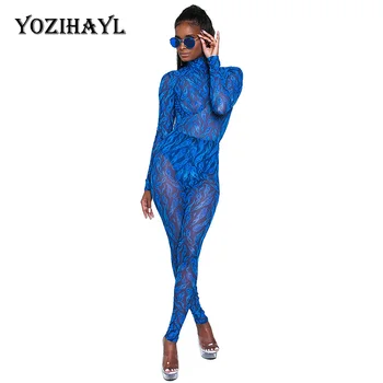 

YOZIHAYL New Women Sexy Club Print Lace Transparent Jumpsuit Autumn Fashion Long Sleeve Skinny Rompers Bodycon Slim Jumpsuits