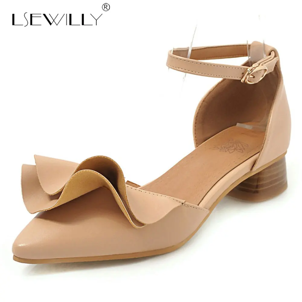 

Lsewilly Women Sandals Nude Flock Thick Heels Shoes Woman Ankle Strap Summer Bowtie Dress Shoes Lady Pointed Toe Sandals E589
