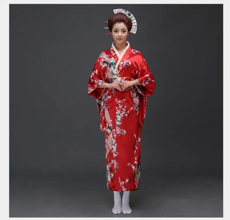 Винтаж японский Леди шелковый атлас кимоно женщина юката с Оби Новинка Вечеринка платье Косплэй костюм цветок один размер b-020 - Цвет: Red