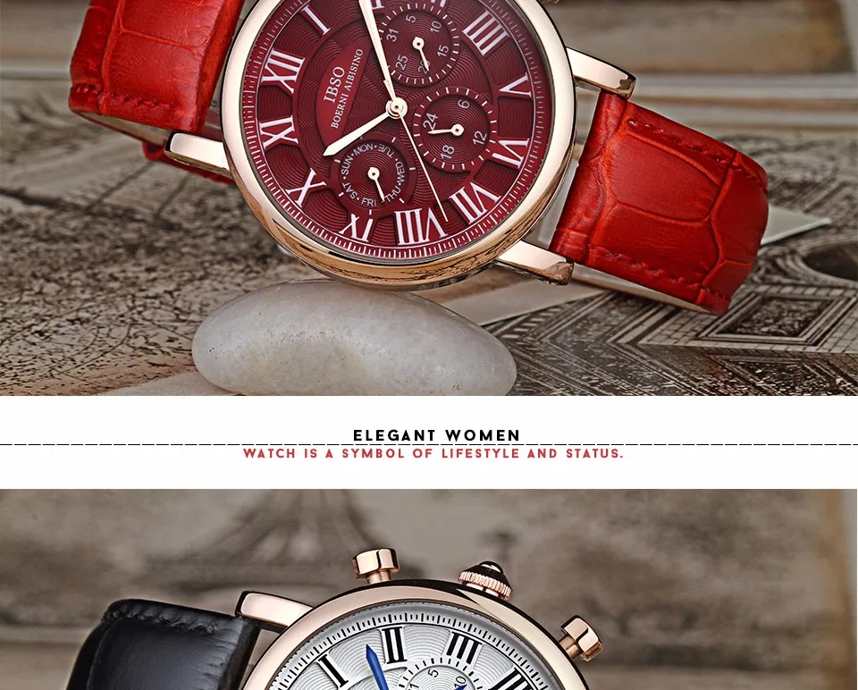 IBSO Роскошные модные часы для женщин Grand с красным циферблатом розовое золото кварцевые часы из натуральной кожи ремешок Montre Femme 6813