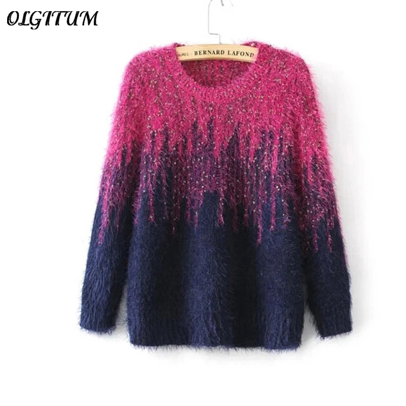 Free Shipping Autumn New Women Pullovers Two Color Gradient Color Mohair Sweaters Pullover O Neck Thicken