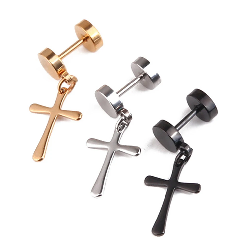 

1Pcs Black Cross Earring Men Hipster Personality Street Titanium Steel Stud Earrings Black Gold Jewelry Boucle d'oreille femme