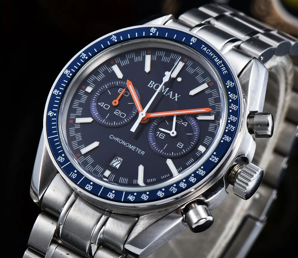 Мужские часы Японский кварцевый хронограф 2019 Новый 40 мм браслет из нержавеющей стали Светящийся Ручной синий циферблат 03