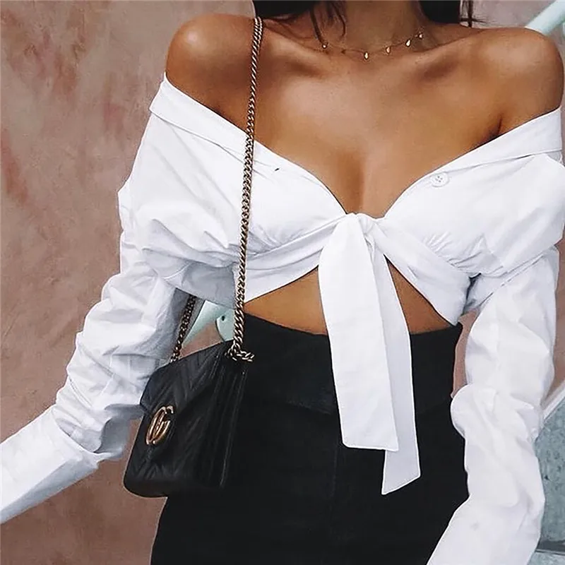 

Sexy Vintage Women Shirts and Blouses 2019 Autumn Bow Tie Front Long Sleeve Cardigan White Shirt Casual Tops GRNSHTS