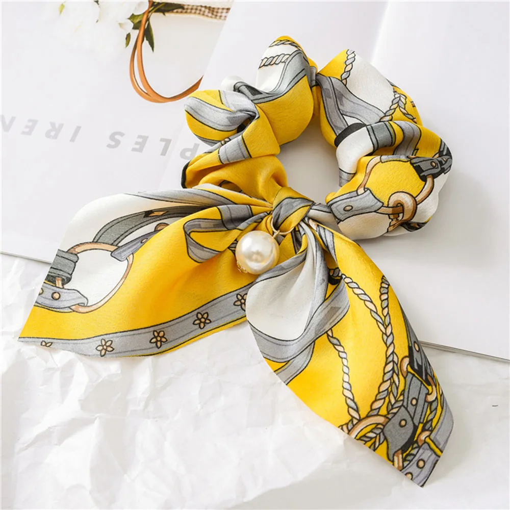 2021 New Chiffon Bowknot Silk Hair Scrunchies Women Pearl Ponytail Holder Hair Tie Hair Rope Rubber Bands Hair Accessories elastic headbands for women