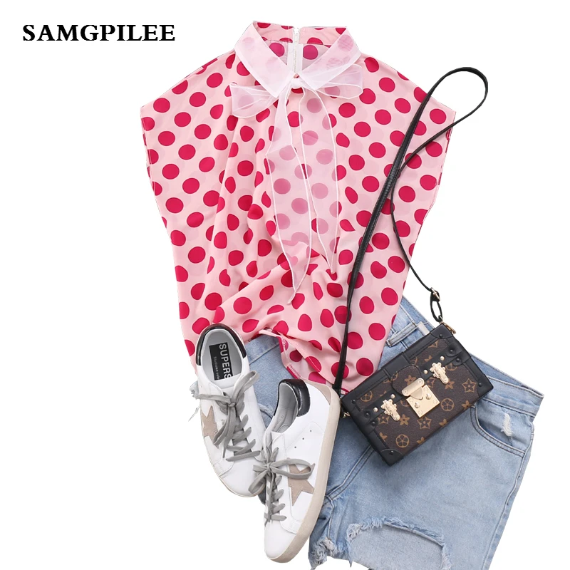 

2019 Direct Selling Polyester Spandex New Casual Chiffon Sleeveless Appliques Polka Dot Women Blouses & Shirts Plus Size L-3xl