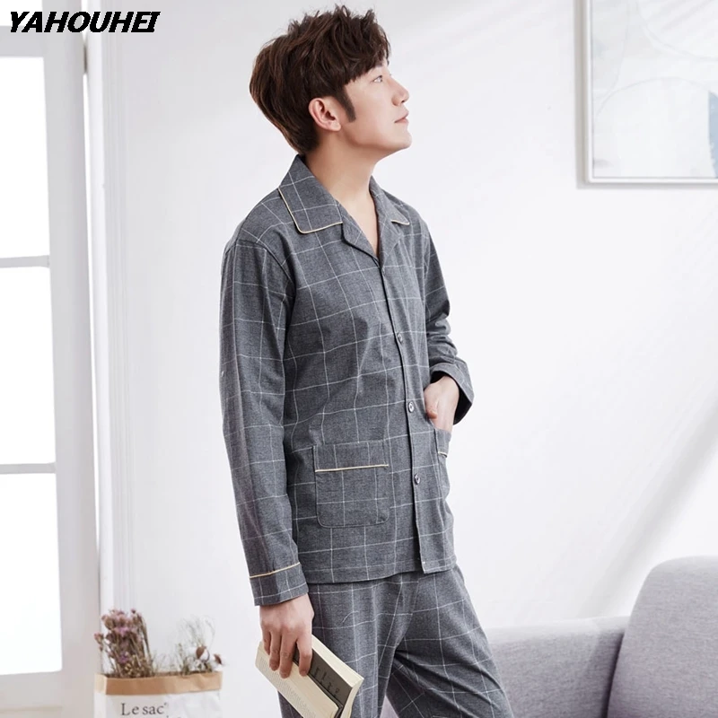 Высокое качество 100% Хлопковая пижама комплект для Для мужчин 2019 осень-зима Повседневное плед с длинным рукавом Пижама мужская домашняя