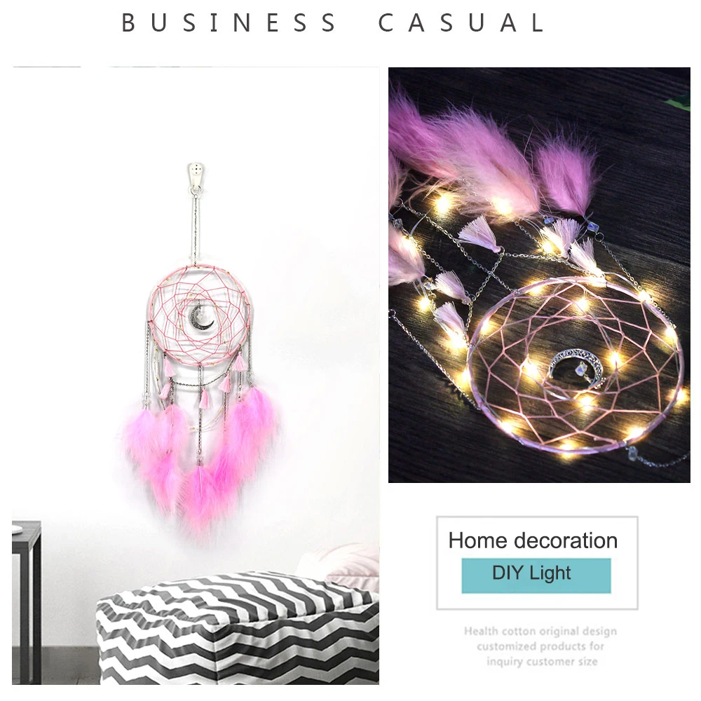 Dream Catcher DIY Home decoration Handmade led Lighting Moon Design Feather Craft Hanging Dream Catcher for Kids girls room Gift