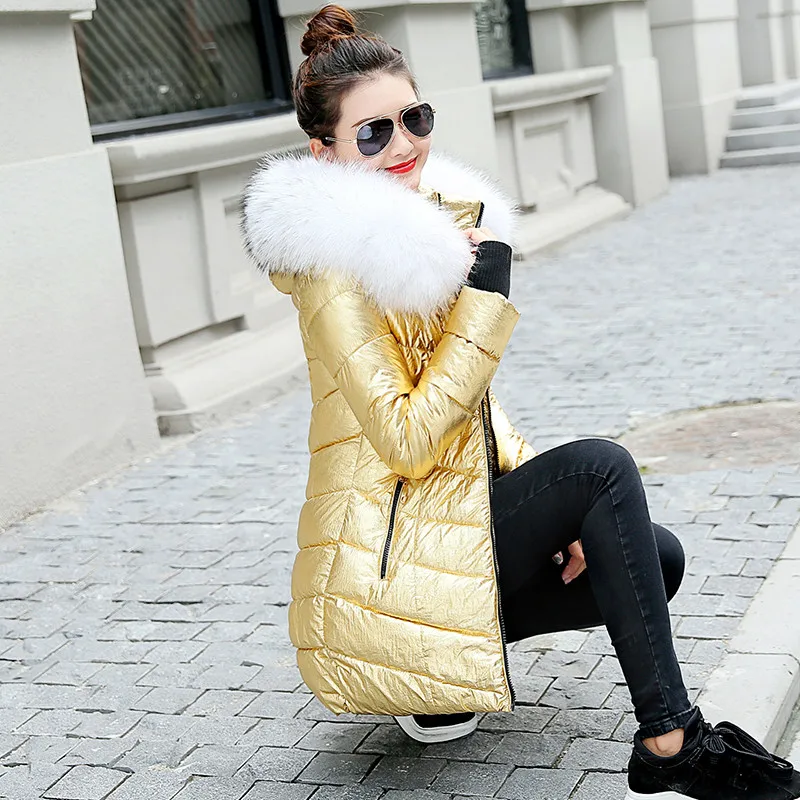 Женские зимние куртки, длинное теплое пальто серебряного цвета, стильная женская куртка с широким меховым воротником, Женская парка abrigos mujer invierno