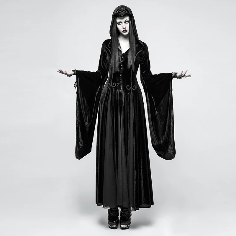 

PUNK RAVE Women Gothic Witch Vampire Hooded Dresses Steampunk Cosplay Stage Dress Velvet Hoodie Goddess Long Dresses