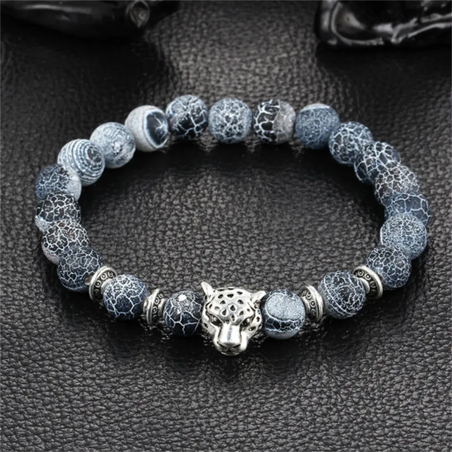 Antique Natural Stone Leopard Head Beaded Bracelet Beads Black Gray Lava Rock Stone Men Women Boy Gifts Couple Bracelets (10)
