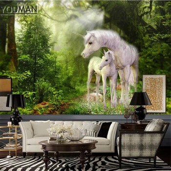 

Wallpapers Youman 3D Custom Green Wallpaper White Horse Wallpaper Murals Forest Animal Wallpaper Bedroom Kitchen Restaurant