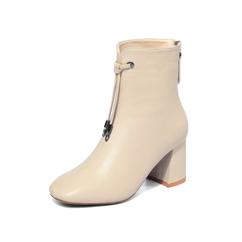 

2019 autumn and winter plus velvet thick with Korean high-heeled zipper women's boots beige 0220