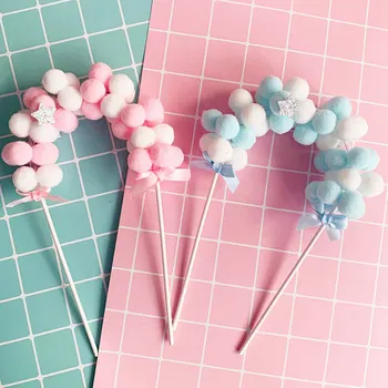 

1Pcs Hot Sale Pink Blue Soft Pompom Cloud Cake Topper Baby Shower Birthday DIY Cake Top Flags Decoration Festival Party Supplies