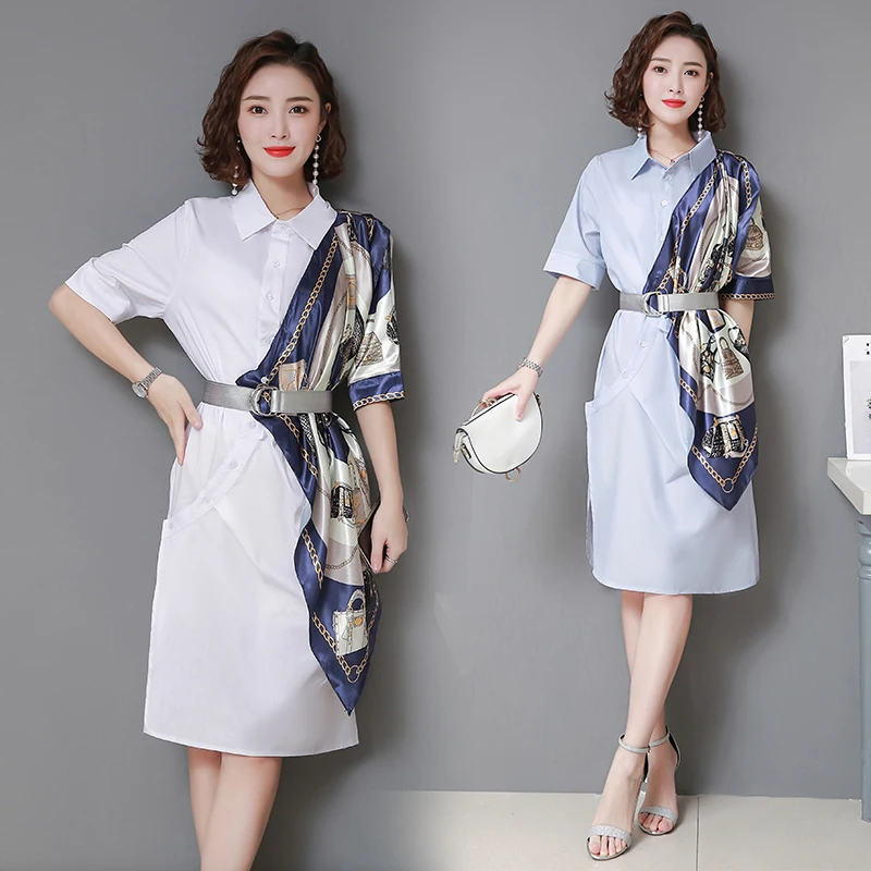 

Fashion Designer Summer Dress 2019 Women Elegant Turn Down Collar Chains Print Scarf Patchwork Casual Sashes Loose Shirt Dress