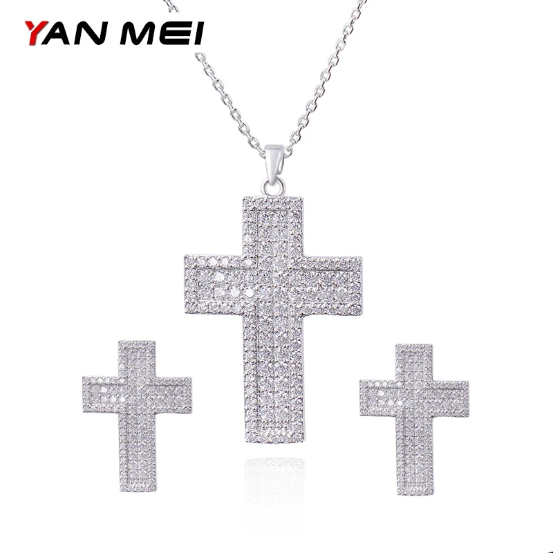 

YAN MEI 2018 New Religion Cross Pendant Clear Cubic Zirconia Jewelry Sets Women Christmas Gift GLD0312