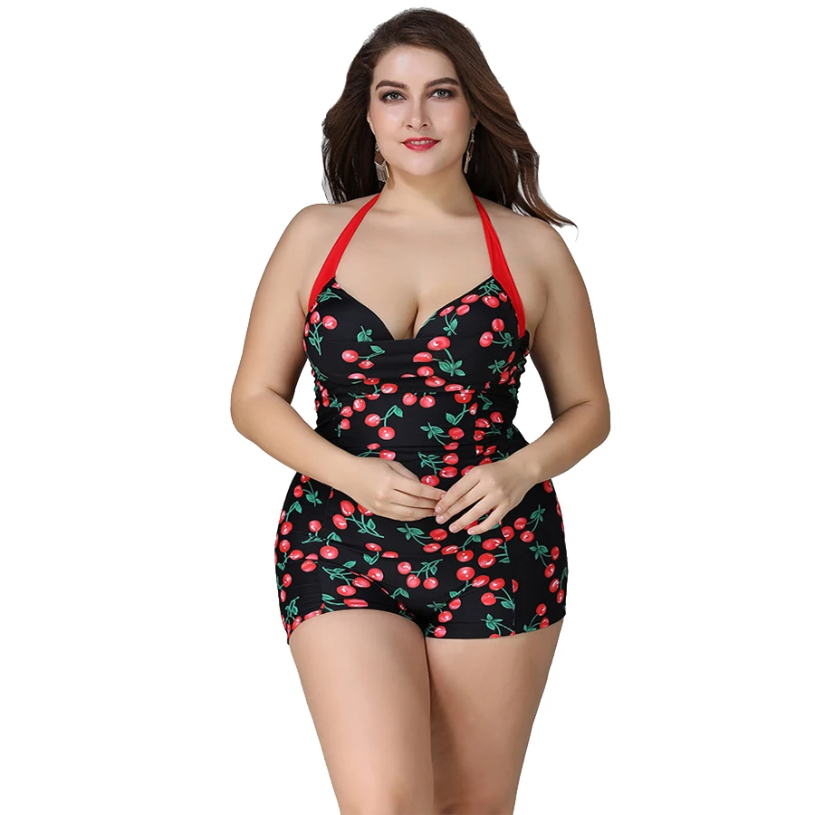 

Women Swimwear Halter Underwire One Piece Suits Female Swimsuit Cherry Printed Bathing Suit Bodysuit Beachwear XL