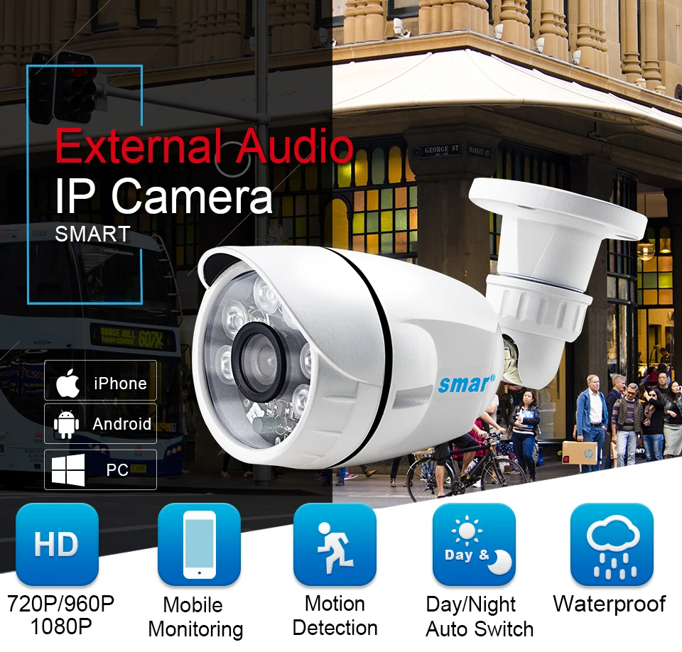 Smar HD 720P 960P 1080P Bullet IP Camera Audio Onvif 2MP Outdoor Waterproof CCTV Camera Support External Microphone Pickup  (1)